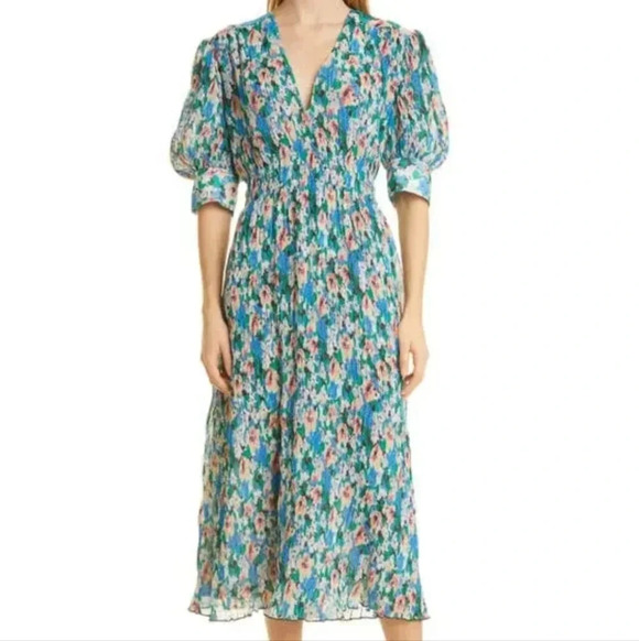 Ganni Floral Tent Dress Blue Green Midi Length Modest Pleated - Picture 1 of 16